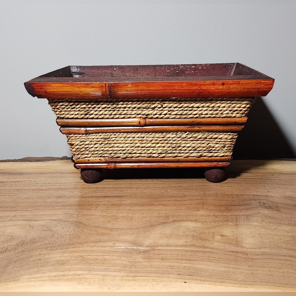 Rustic Wood & Woven Rattan Decorative Planter Basket / Storage Organizer